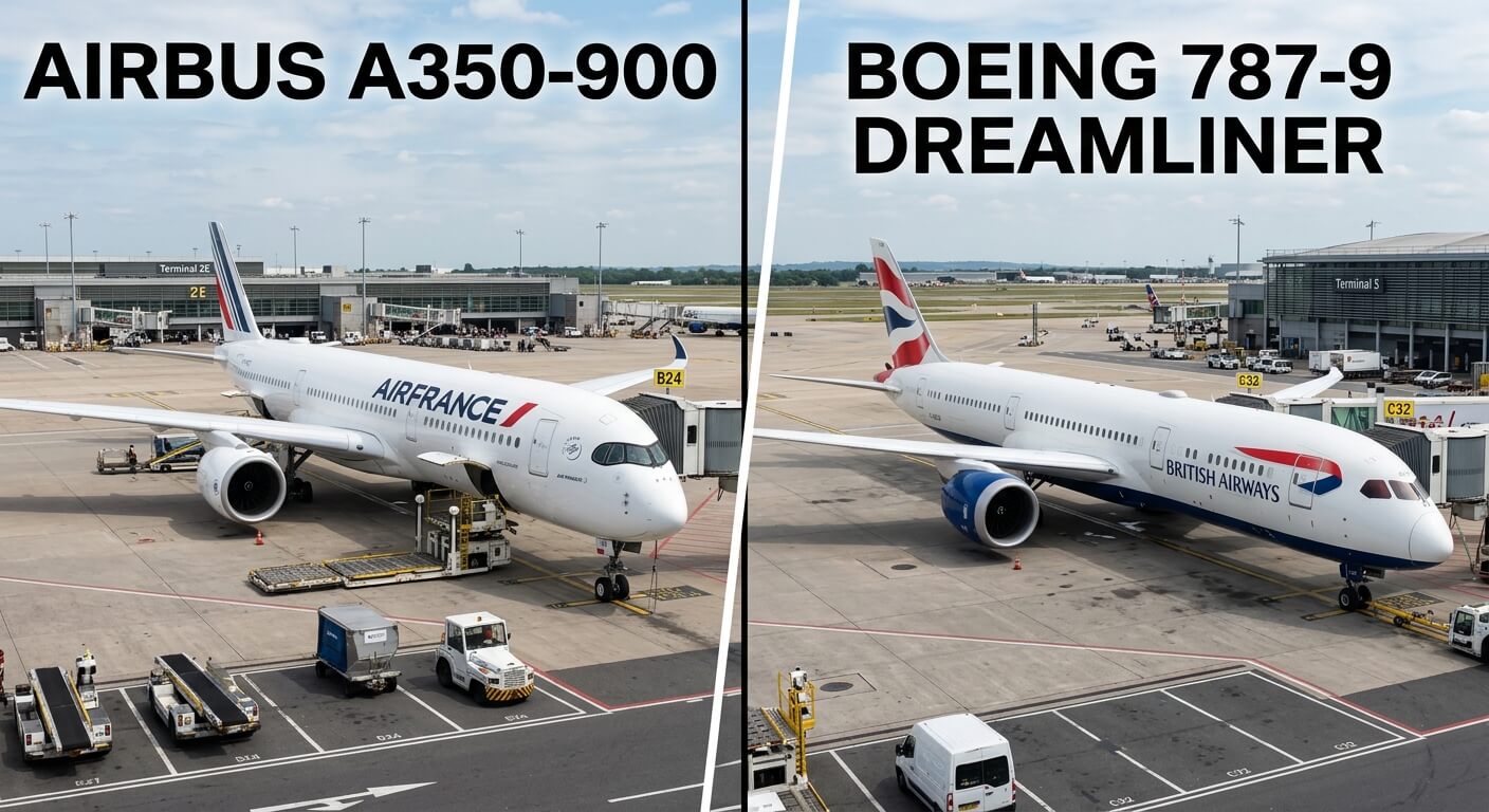 Comparaison visuelle entre un Airbus un Boeing en écran scindé.