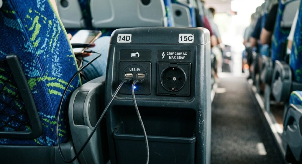 Gros plan sur les ports USB et les prises 220V disponibles entre les sièges FlixBus.