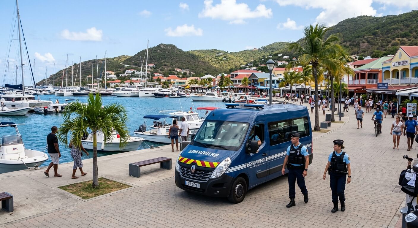Vue du front de mer à Marigot sous surveillance de la gendarmerie nationale.