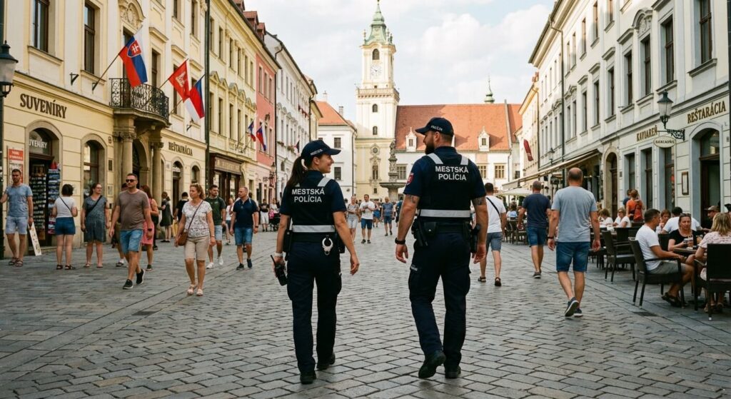 Bratislava est-elle dangereuse ? La vérité sur la sécurité 2 Patrouille de la police municipale dans les rues piétonnes de la vieille ville de Bratislava.