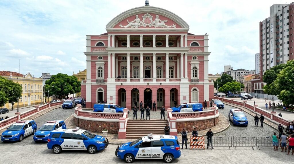 Manaus est-elle dangereuse et comment sécuriser son séjour ? 2 Le Théâtre Amazonas à Manaus sous surveillance policière préventive.