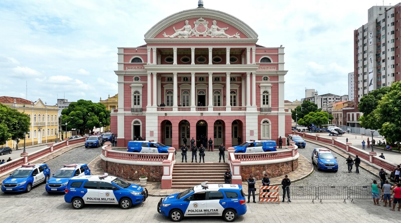 Le Théâtre Amazonas à Manaus sous surveillance policière préventive.