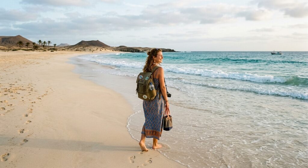 Cap-Vert en femme seule : est-ce sûr et quelles îles privilégier ? 2 Une femme voyageant seule sur les plages de l'île de Sal au Cap-Vert.