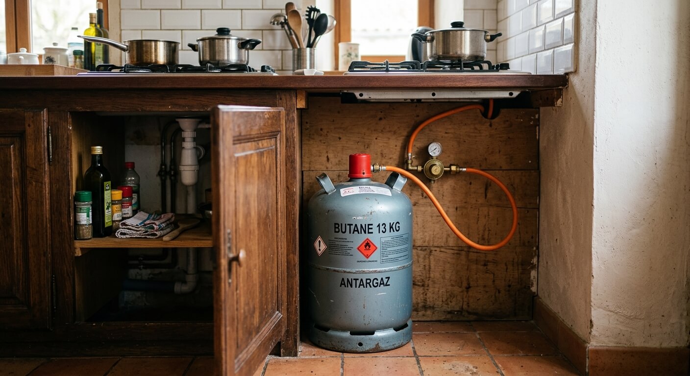 Bouteille de gaz standard de 13 kg installée à l'arrière d'un raccordement de cuisine.
