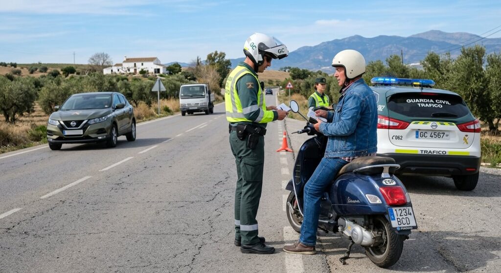 Contrôle routier par la Guardia Civil d'un conducteur de scooter équipé d'un casque jet en Espagne.