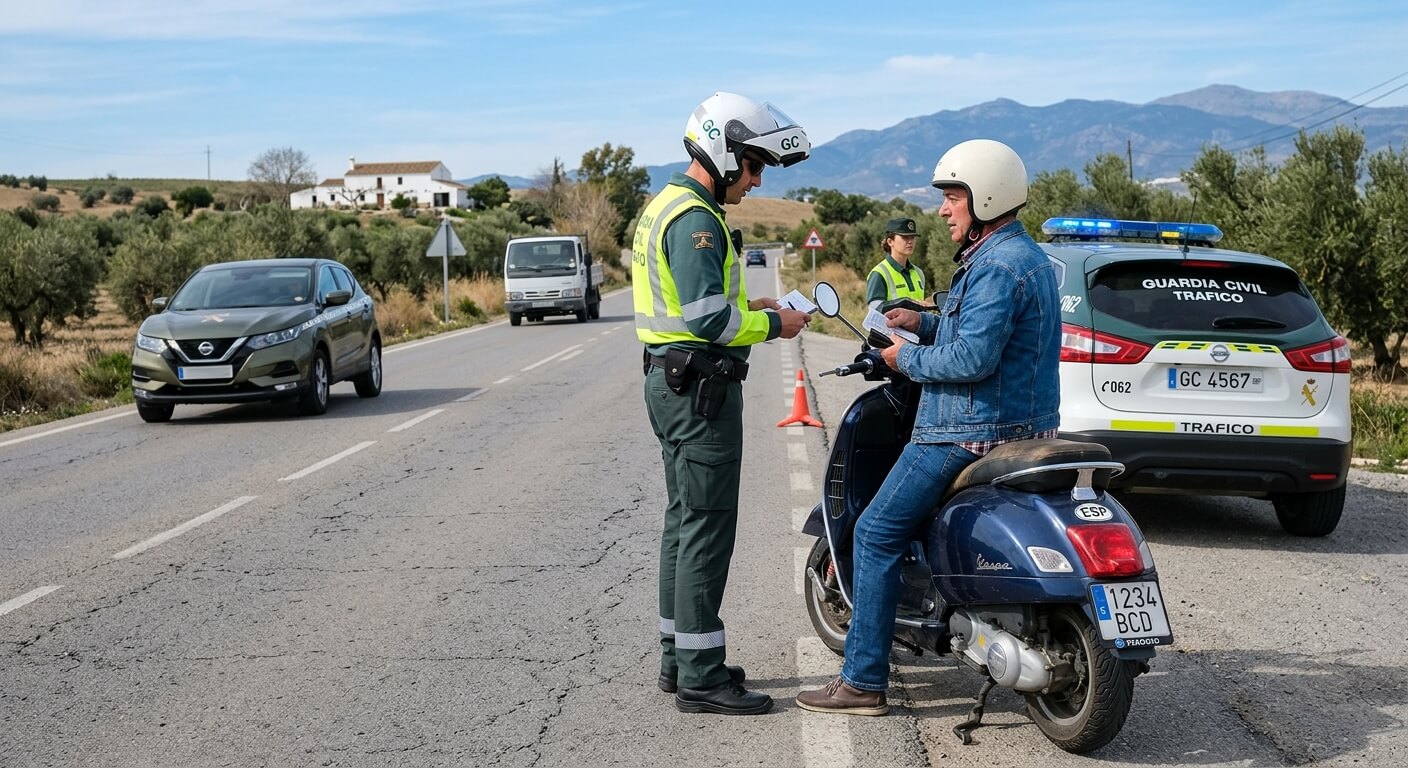 Contrôle routier par la Guardia Civil d'un conducteur de scooter équipé d'un casque jet en Espagne.