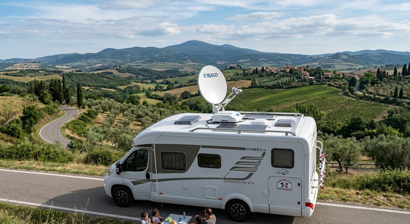 Antenne parabolique automatique de marque Teleco déployée sur le toit d'un camping-car.