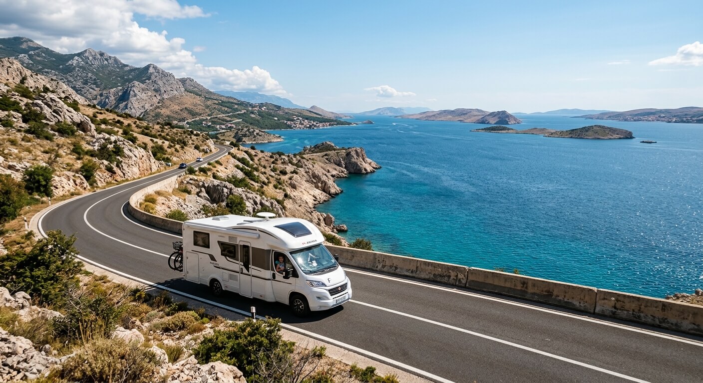 Camping-car circulant sur la route côtière de la magistrale face à la mer Adriatique en Croatie.