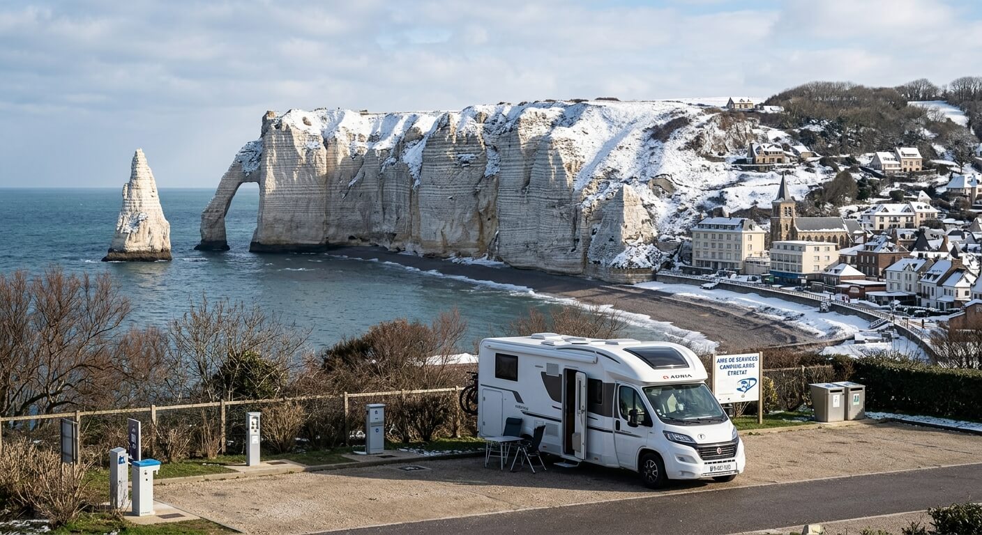 Camping-car stationné sur une aire de services face aux falaises enneigées d'Étretat en Normandie.