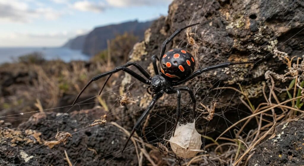 Gros plan sur une veuve noire méditerranéenne, l'une des rares espèces venimeuses de l'île.