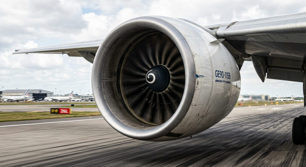 Boeing 777 vs 787, quelles sont les différences ? 3 Gros plan sur l'imposant moteur d'un Boeing 777-300ER lors de sa phase de décollage.