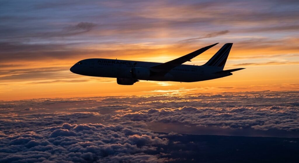 Boeing 777 vs 787, quelles sont les différences ? 4 Silhouette élancée aux ailes incurvées d'un Boeing 787 Dreamliner en plein vol de croisière.
