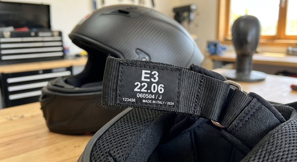 Étiquette d'homologation européenne ECE 22.06 cousue sur la jugulaire d'un casque de moto.