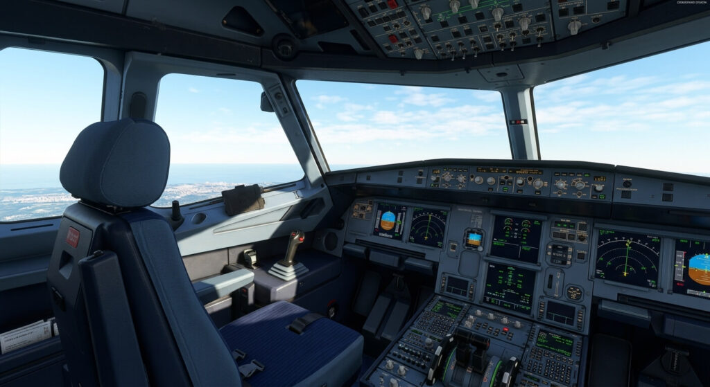 Aéronautique et pilotage : quelle est la réelle différence airbus boeing ? 4 Poste de pilotage d'un Airbus montrant le manche latéral caractéristique.