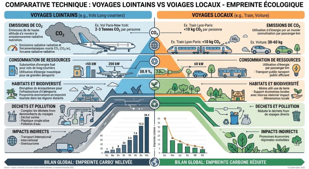 Infographie technique comparant l'impact écologique des voyages lointains vs locaux.