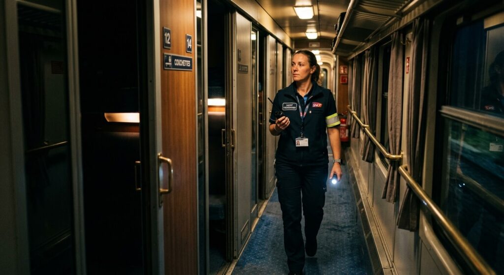 Agent ferroviaire effectuant une surveillance technique dans les couloirs d'un train nocturne.