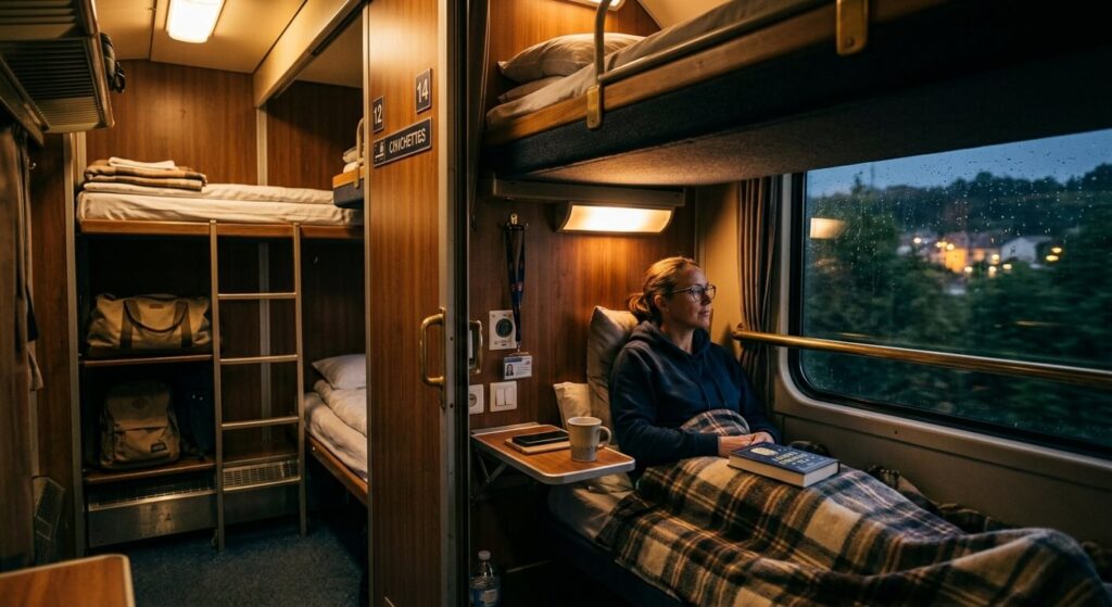 Vue de l'intérieur d'un compartiment de train de nuit montrant les systèmes de verrouillage mécaniques.