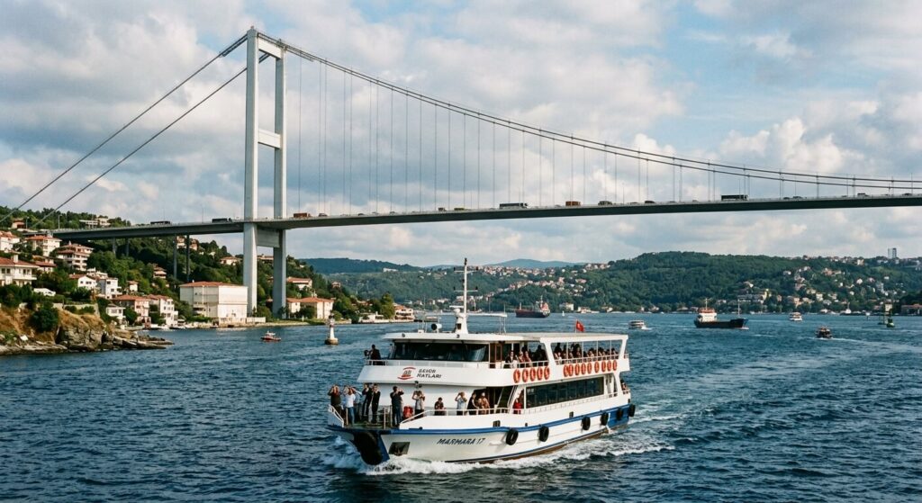Combien de temps pour visiter istanbul de manière optimale ? 3 Passage d'un ferry sous le pont du Bosphore reliant techniquement l'Europe et l'Asie.