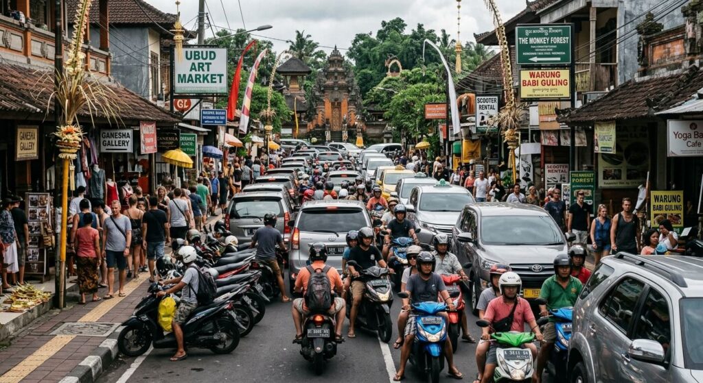 Trafic saturé de scooters et de voitures dans le centre d'Ubud, illustrant la pression touristique.