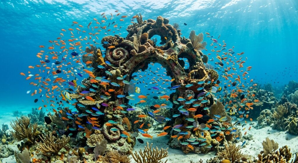 Découvrir le mystère du point magique sous marin 3 Banc de poissons tropicaux multicolores gravitant autour d'une structure sous-marine unique.