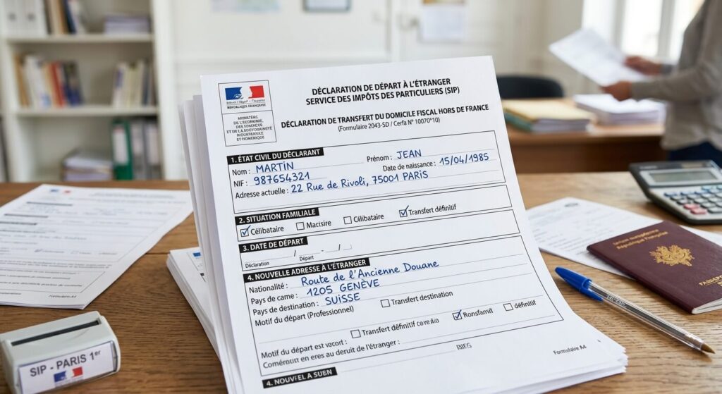 Formulaire de déclaration de départ à l'étranger pour l'administration fiscale française.