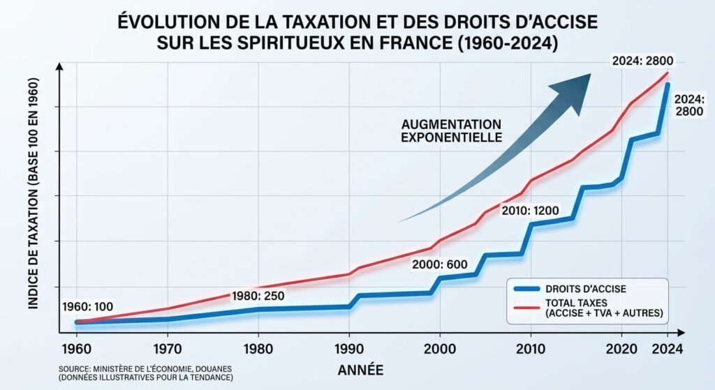 Graphique économique détaillant l'augmentation exponentielle des taxes et droits d'accises sur les spiritueux en France