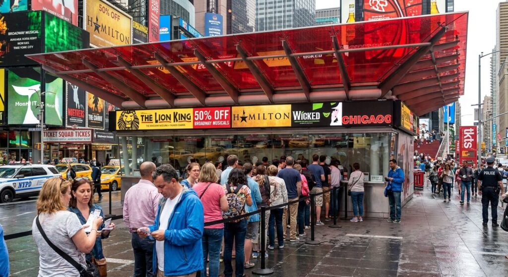 Le célèbre kiosque TKTS de New York pour acheter des billets de comédie musicale à prix réduit.