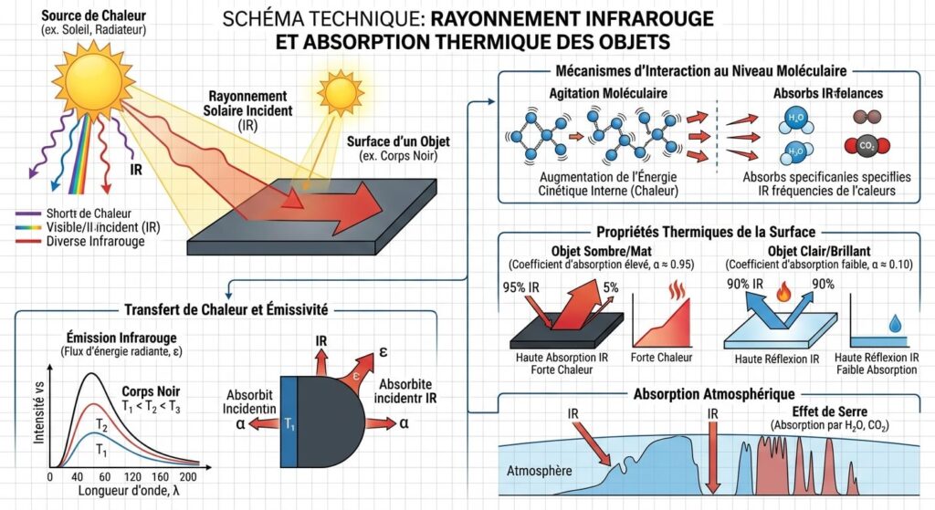 Schéma technique sur le rayonnement infrarouge et l'absorption thermique des objets.