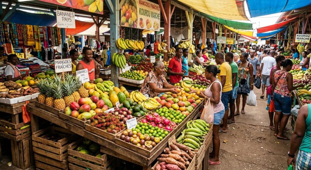 Étals colorés de fruits et légumes tropicaux sur le marché animé de la ville de Kourou