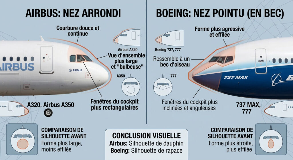 Aéronautique et pilotage : quelle est la réelle différence airbus boeing ? 3 Comparaison visuelle entre le nez arrondi d'un Airbus et le nez pointu d'un Boeing.
