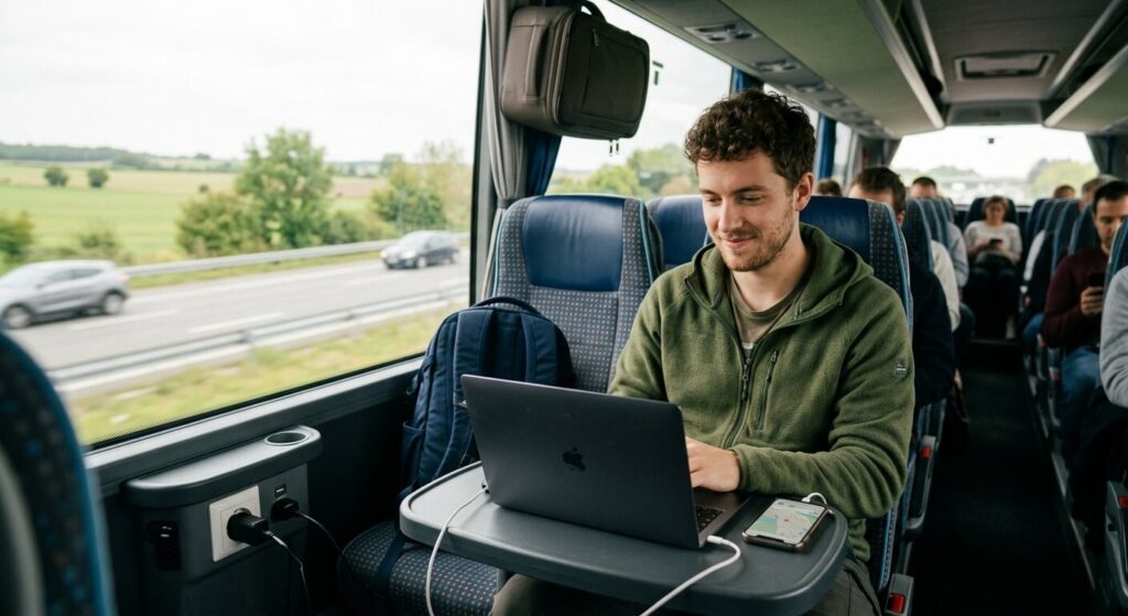 Voyageur rechargeant son matériel informatique grâce aux prises de courant du bus.
