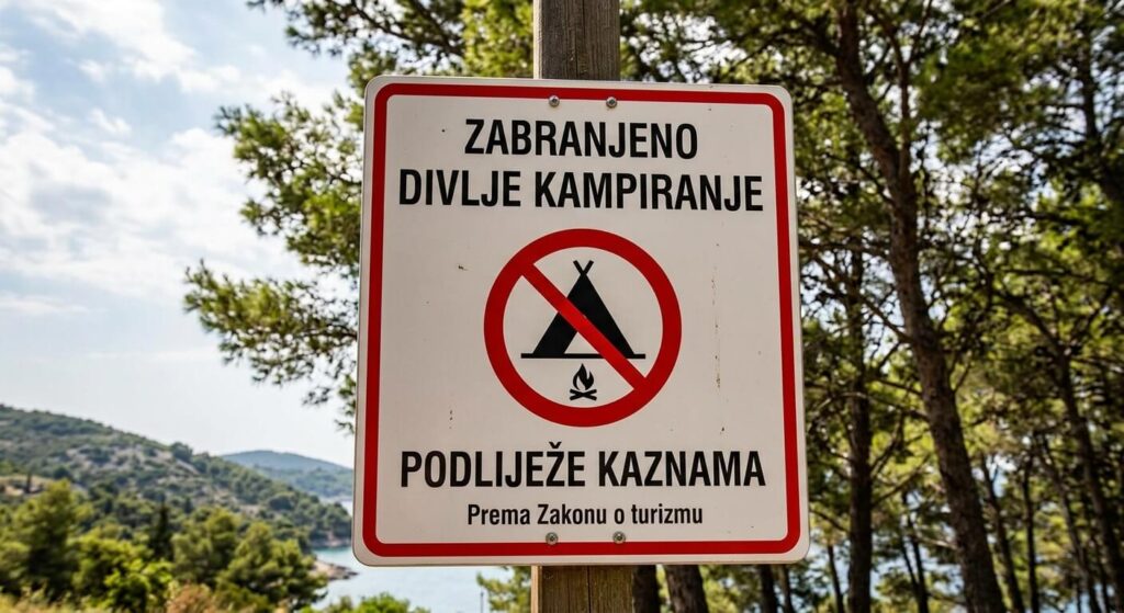 Croatie en camping-car : les vrais dangers à connaître avant de partir 3 Panneau officiel croate interdisant le camping sauvage sous peine d'amende.