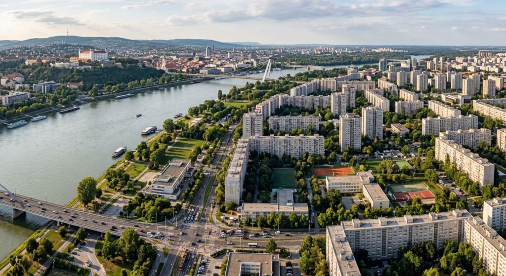 Bratislava est-elle dangereuse ? La vérité sur la sécurité 3 Vue du quartier de Petržalka, zone résidentielle dense située sur la rive sud du Danube.