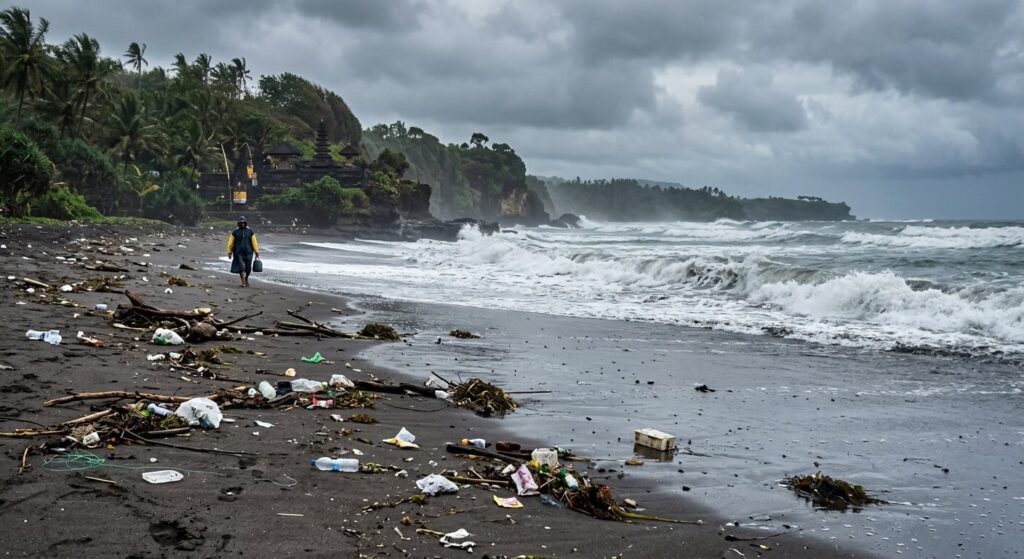 Accumulation de déchets plastiques sur une plage de l'ouest de Bali durant la mousson.