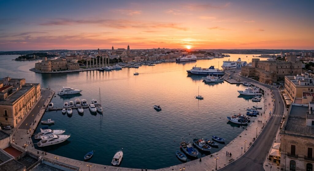 Vue paisible sur le grand port naturel de Brindisi au coucher du soleil