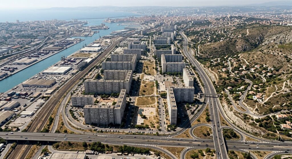 Vue aérienne des Quartiers Nord de Marseille illustrant la fragmentation urbaine.