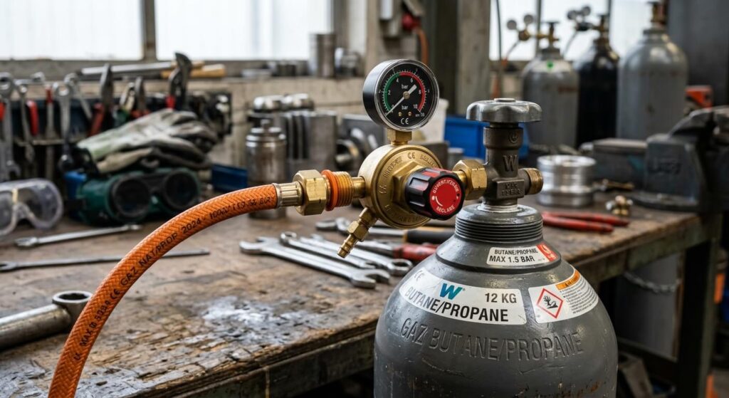 Détendeur et tuyau de raccordement vissés sur une bouteille de gaz comprimé.