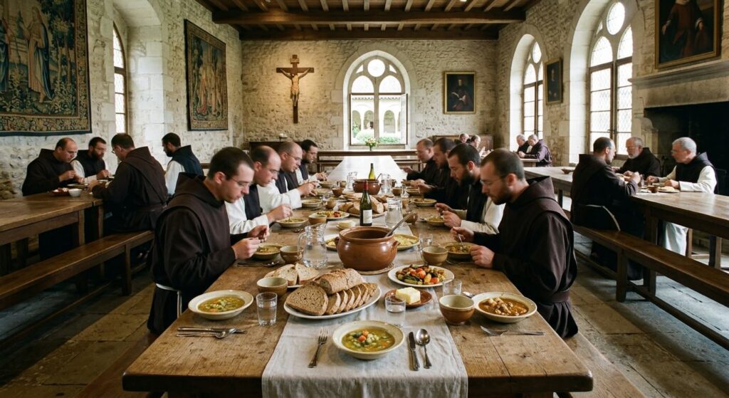 Table de réfection d'un monastère pour les repas en pension complète.