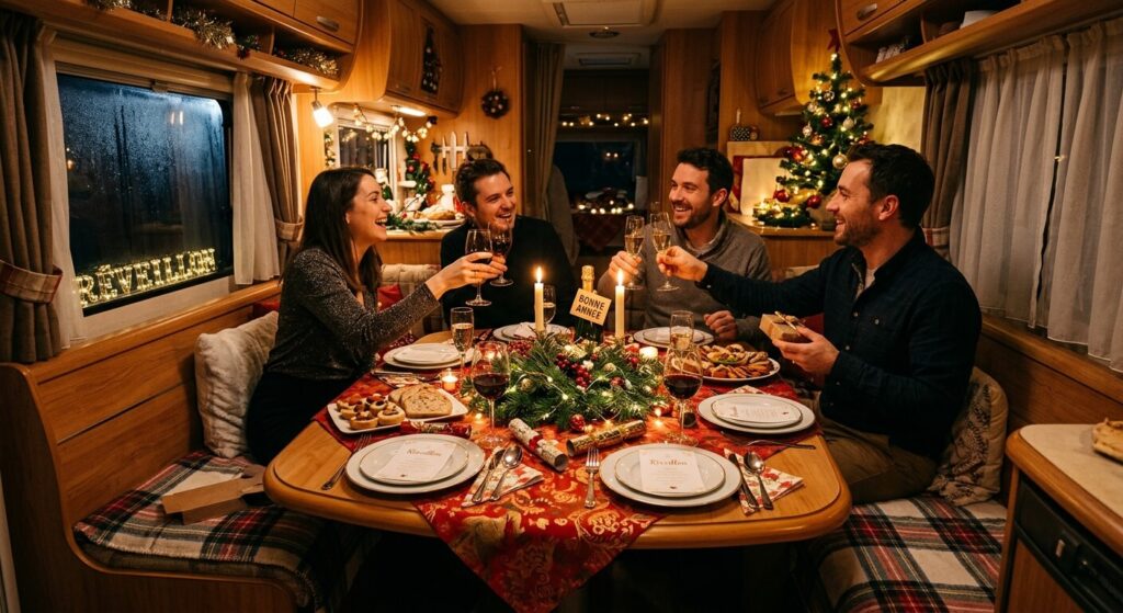 Comment réussir son jour de l'an en camping-car en normandie ? 3 Table de fête dressée chaleureusement à l'intérieur de la dinette d'un camping-car pour le réveillon.
