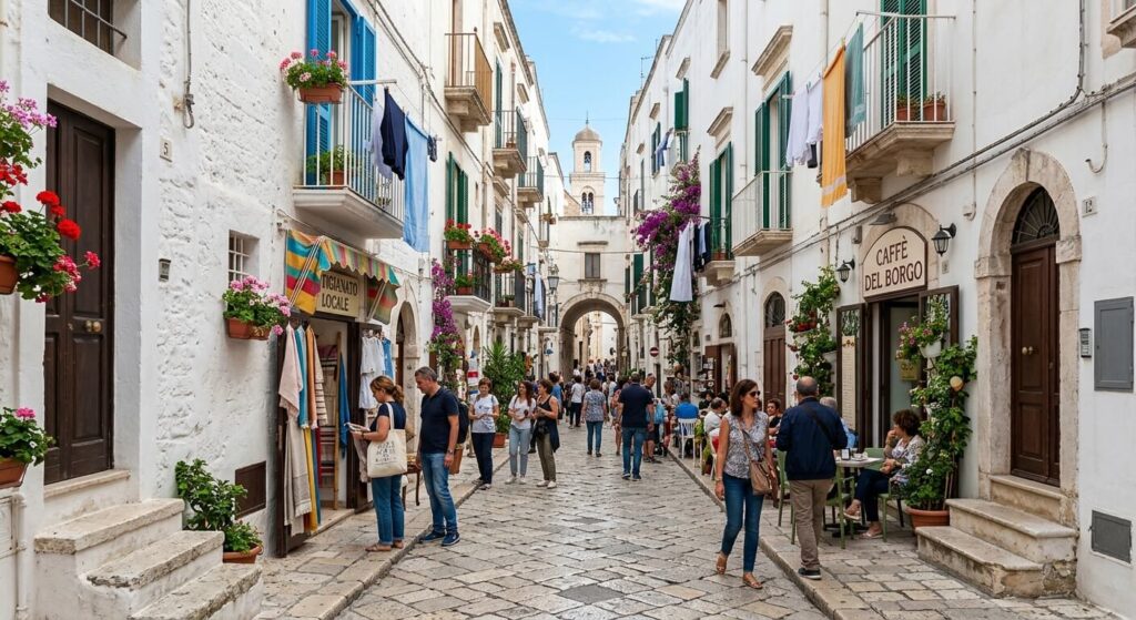 Ruelles pavées animées et façades blanches typiques du quartier historique de Bari Vecchia