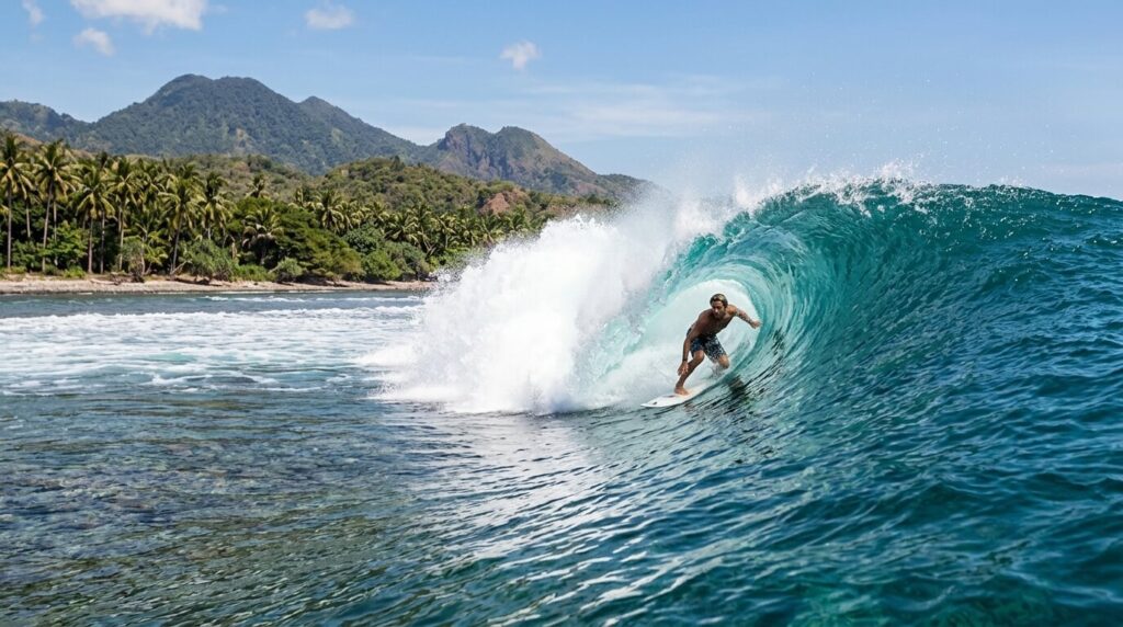 Un surfeur sur une vague parfaite à Lakey Peak, spot mythique et préservé de Sumbawa.