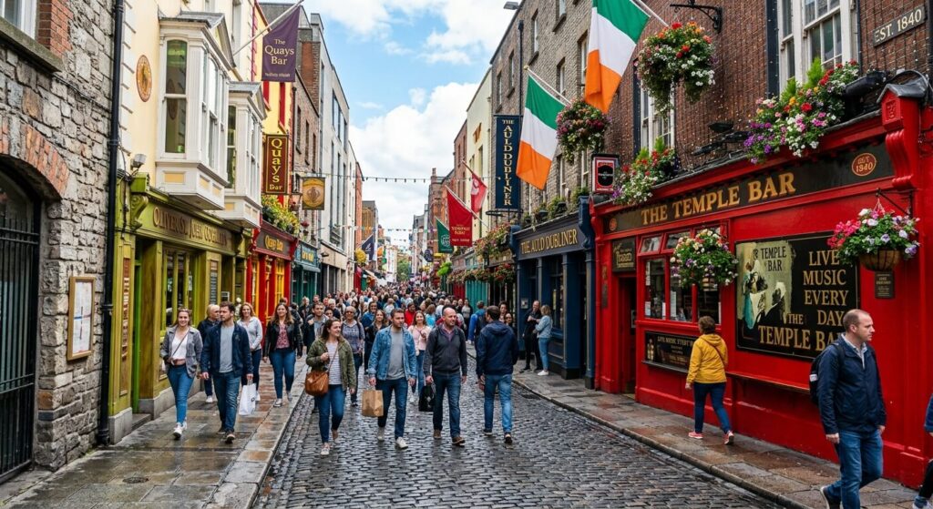 Les rues animées du quartier de Temple Bar à Dublin avec ses façades de pubs colorées.