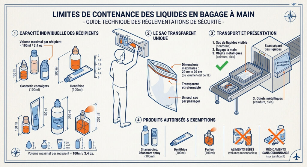 Illustration technique des limites de contenance pour les liquides en bagage à main.