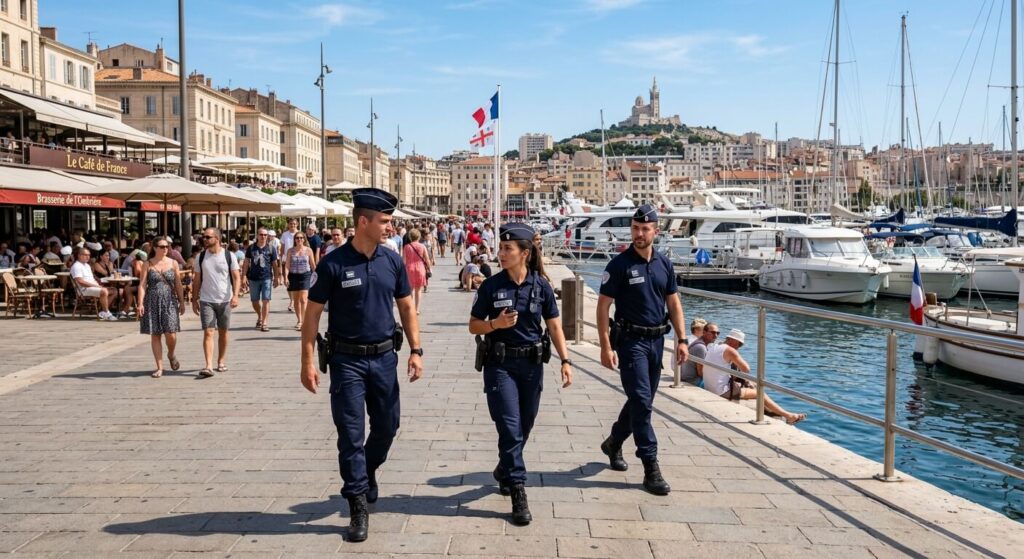 Patrouille de police nationale sur le Vieux-Port de Marseille en période estivale.