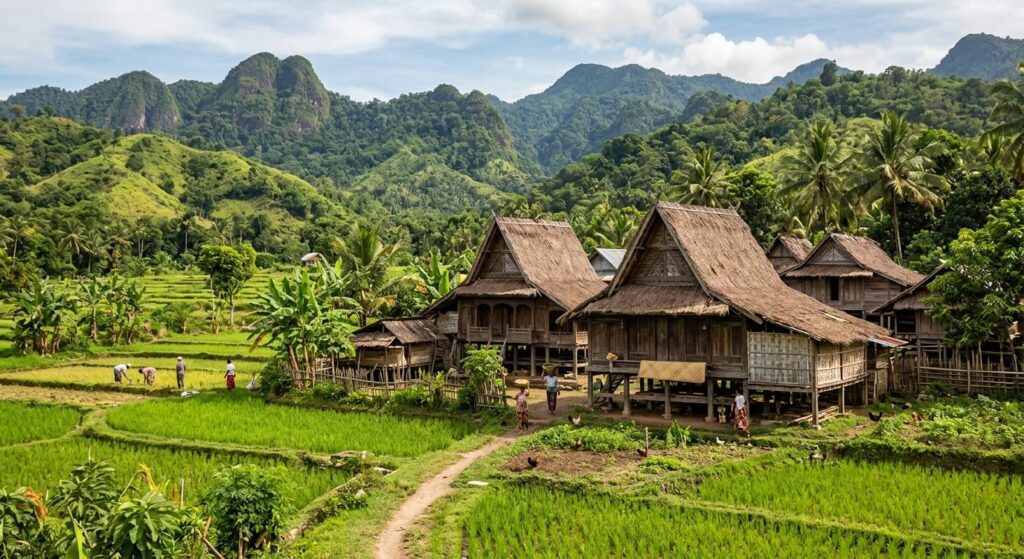 Habitations traditionnelles en bois et paysages ruraux au cœur de l'île de Sumbawa.
