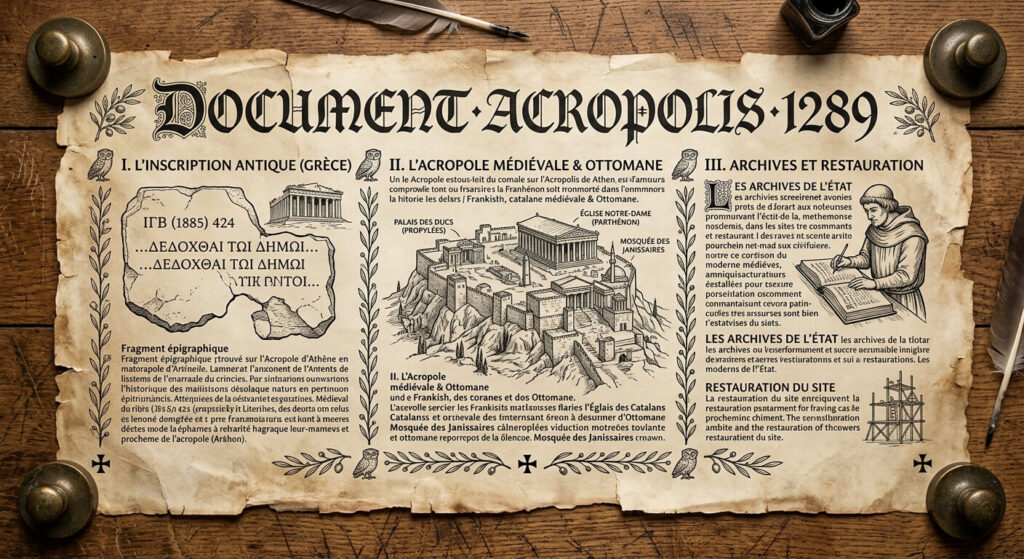 Un parchemin médiéval ancien calligraphié à l'encre noire, illustrant le document Acropolis 1289.