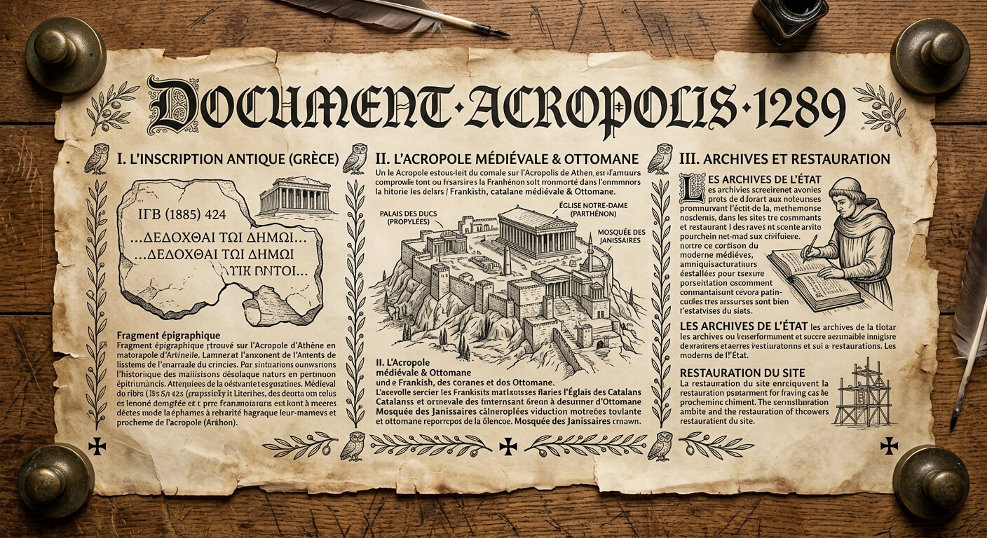 Un parchemin médiéval ancien calligraphié à l'encre noire, illustrant le document Acropolis 1289.