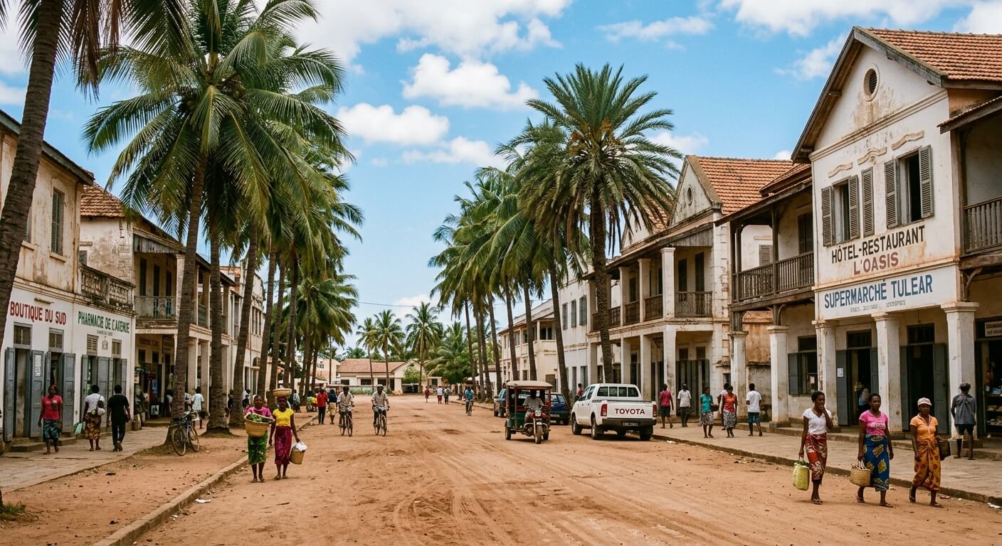 Une avenue en terre bordée de grands palmiers et de bâtiments coloniaux sous un ciel bleu à Tuléar, Madagascar.