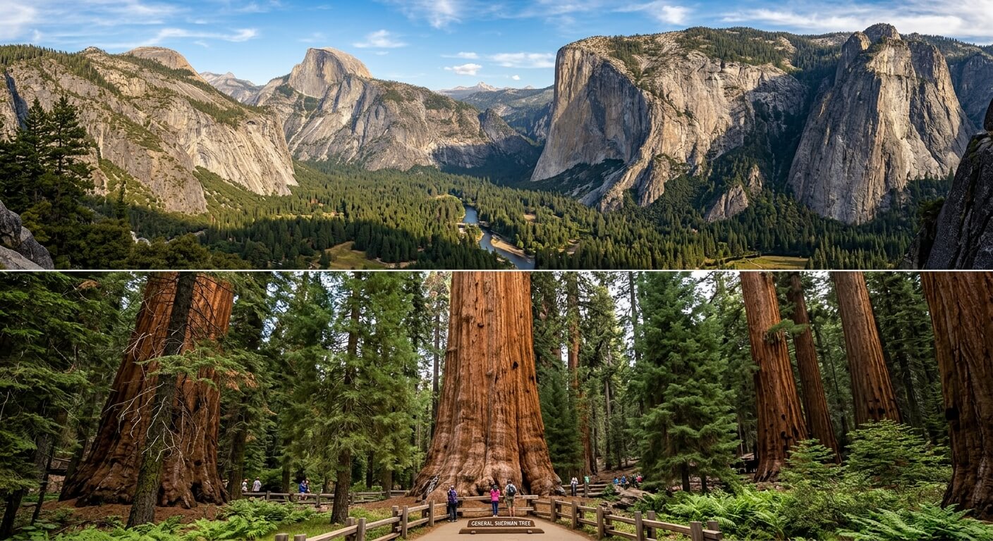 Montage montrant la vallée rocheuse de Yosemite en haut et les arbres géants de Sequoia National Park en bas.