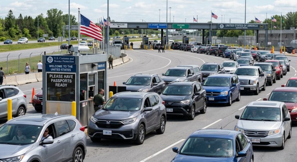 Une file de voitures immatriculées au Canada attendant le contrôle douanier au poste frontière américain.